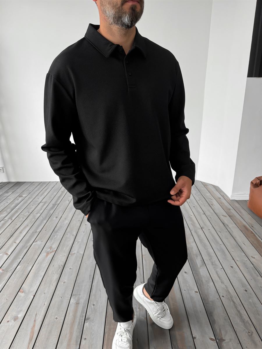 Siyah Diagonal Polo Yaka Sweatshirt PM-136