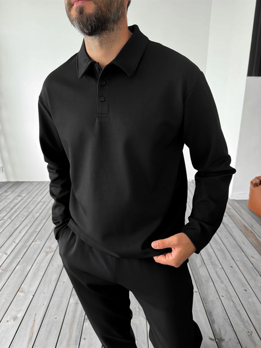 Siyah Diagonal Polo Yaka Sweatshirt PM-136