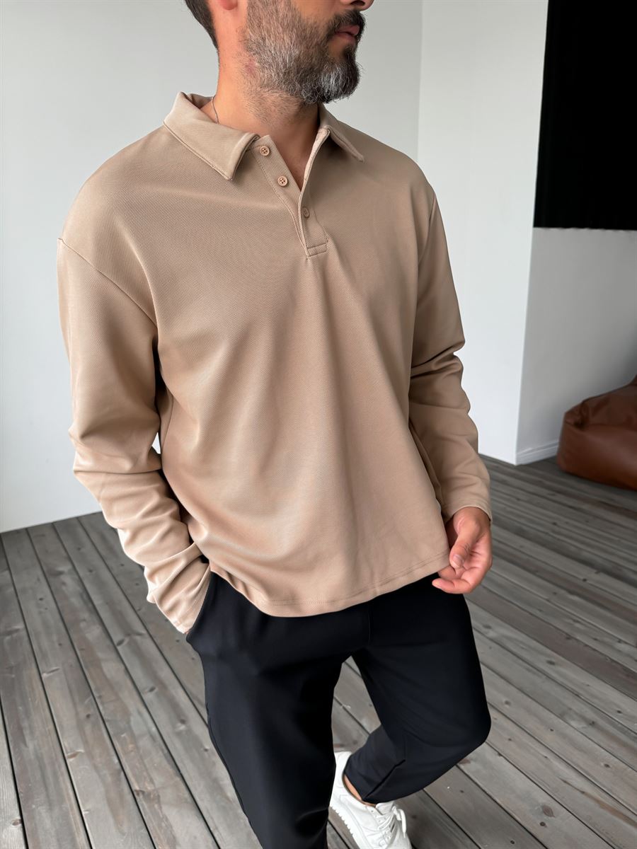 Açık Kahve Diagonal Polo Yaka Sweatshirt PM-136