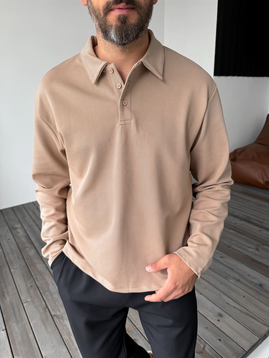 Açık Kahve Diagonal Polo Yaka Sweatshirt PM-136