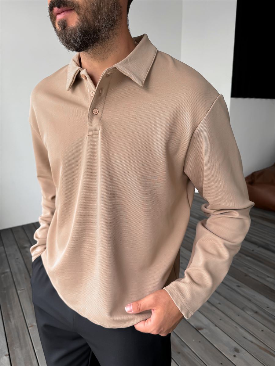 Açık Kahve Diagonal Polo Yaka Sweatshirt PM-136