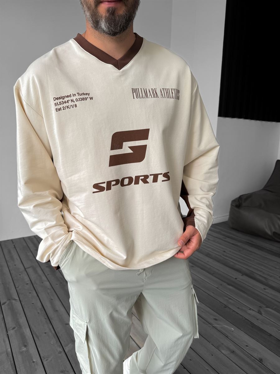 Bej Sport Baskılı Box Fit Sweatshirt PM-138