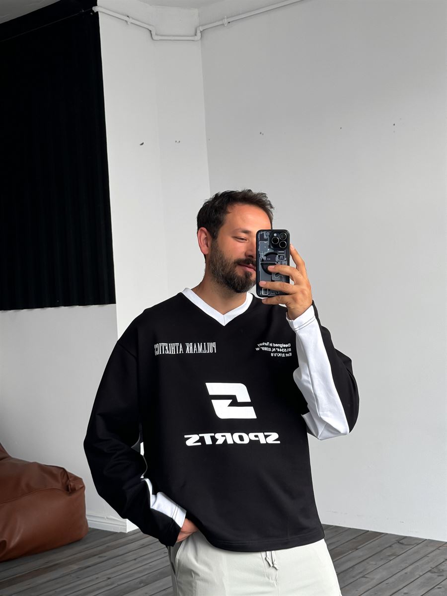 Siyah Sport Baskılı Box Fit Sweatshirt PM-138