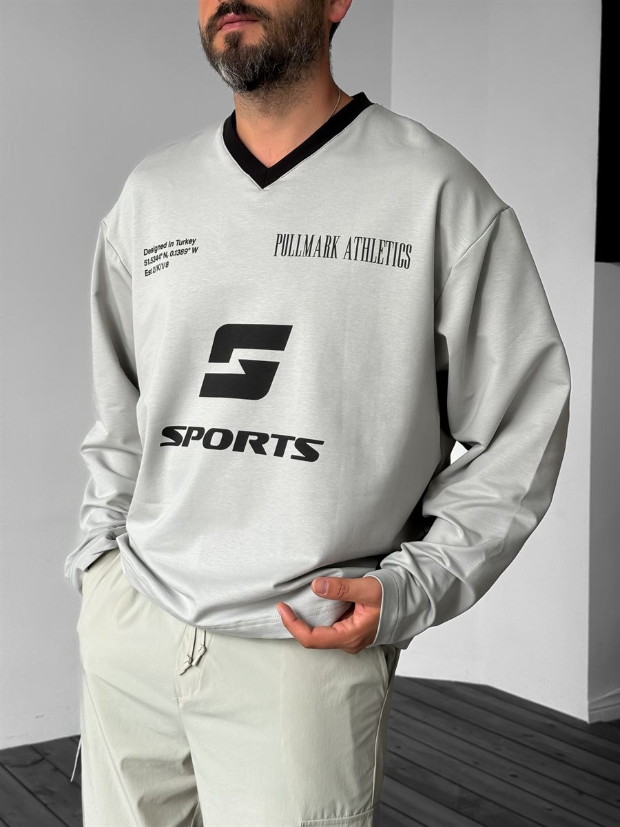 Gri Sport Baskılı Box Fit Sweatshirt PM-138