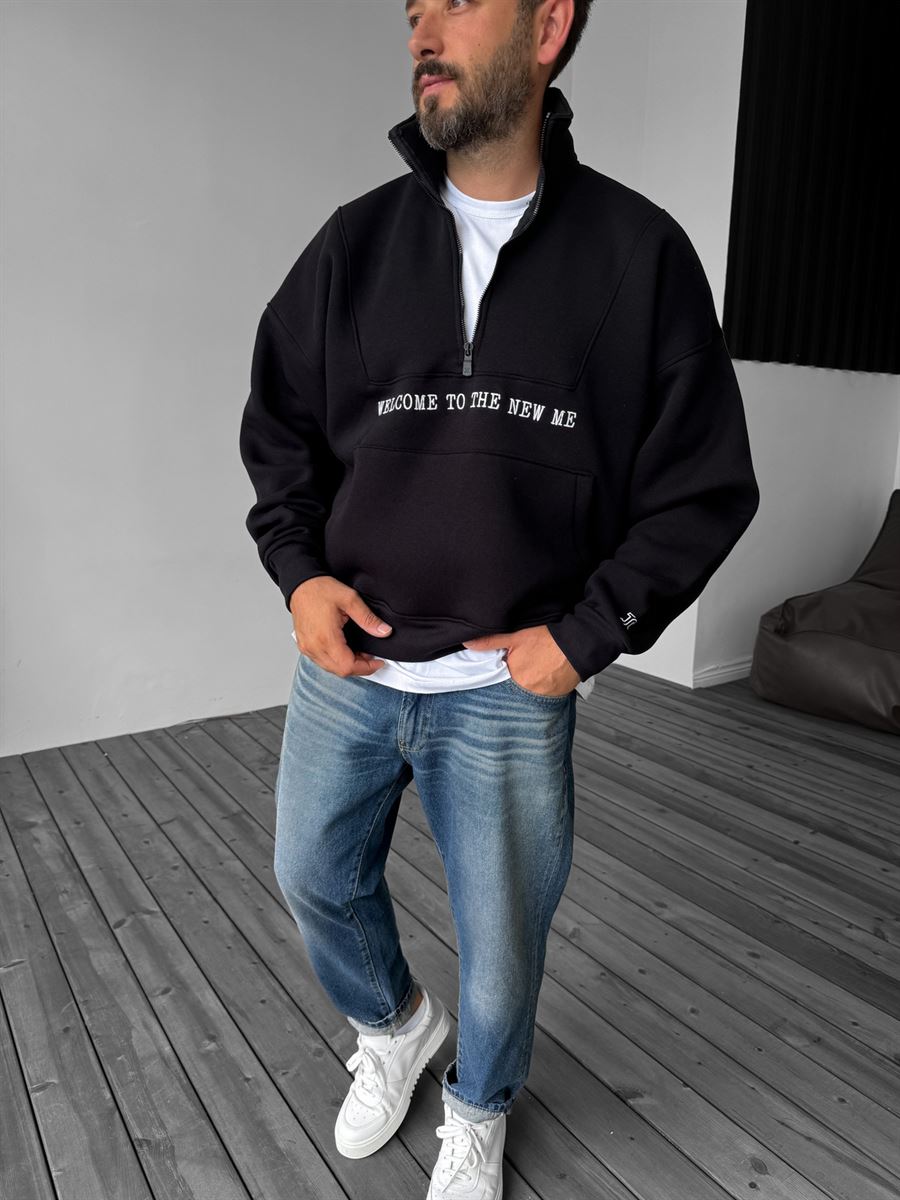 Siyah Yarım Fermuarlı New Me Sweatshirt JJ-21