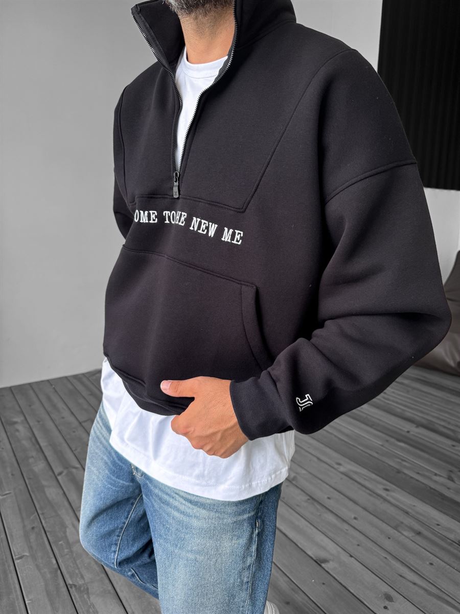 Siyah Yarım Fermuarlı New Me Sweatshirt JJ-21