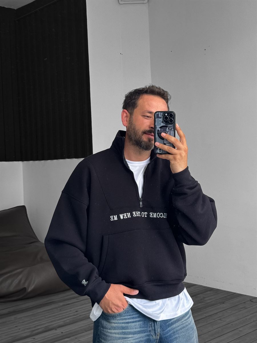 Siyah Yarım Fermuarlı New Me Sweatshirt JJ-21