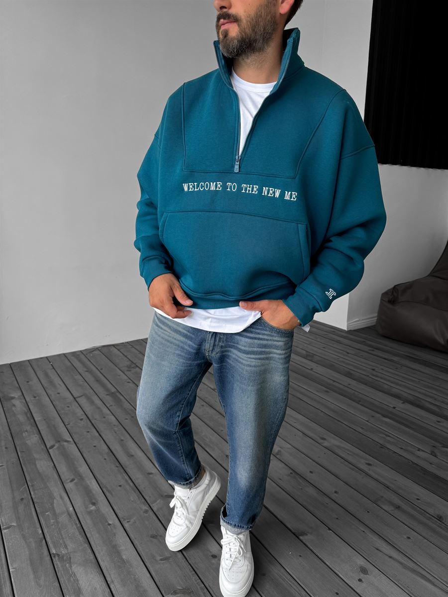 Petrol Mavisi Yarım Fermuarlı New Me Sweatshirt JJ-21