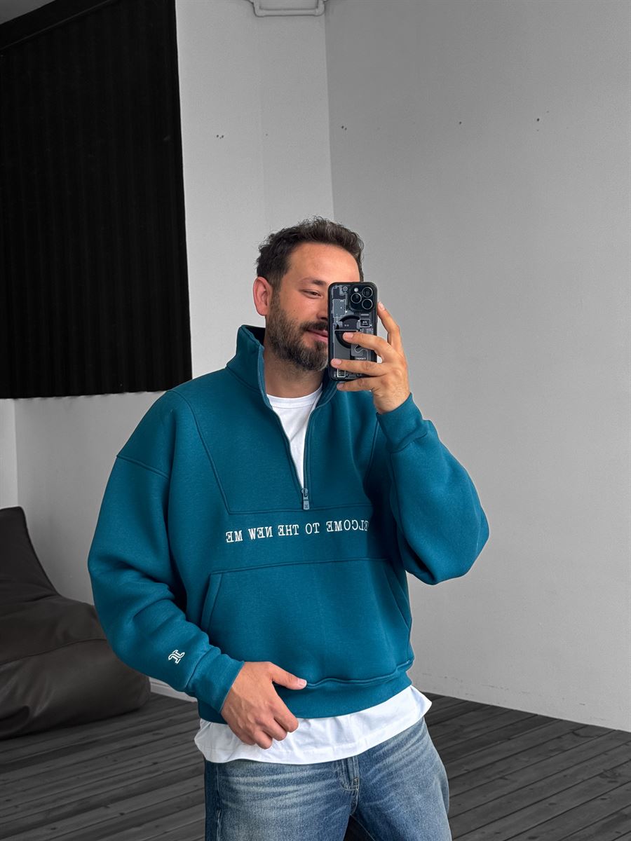 Petrol Mavisi Yarım Fermuarlı New Me Sweatshirt JJ-21