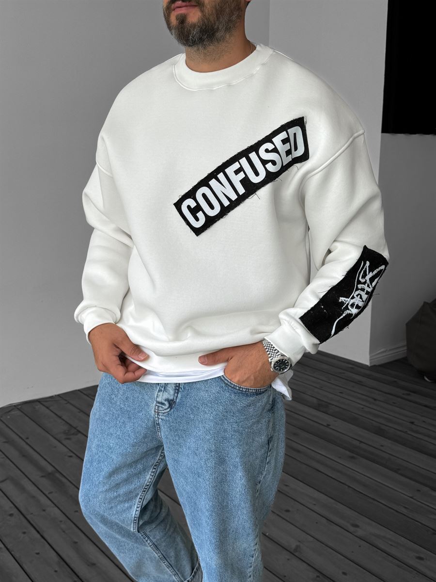 Beyaz Confused Patchli Sweatshirt JJ-1162