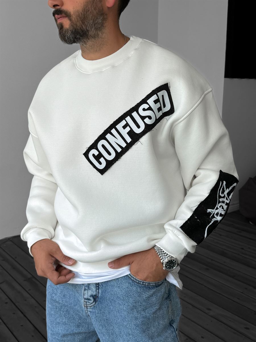 Beyaz Confused Patchli Sweatshirt JJ-1162