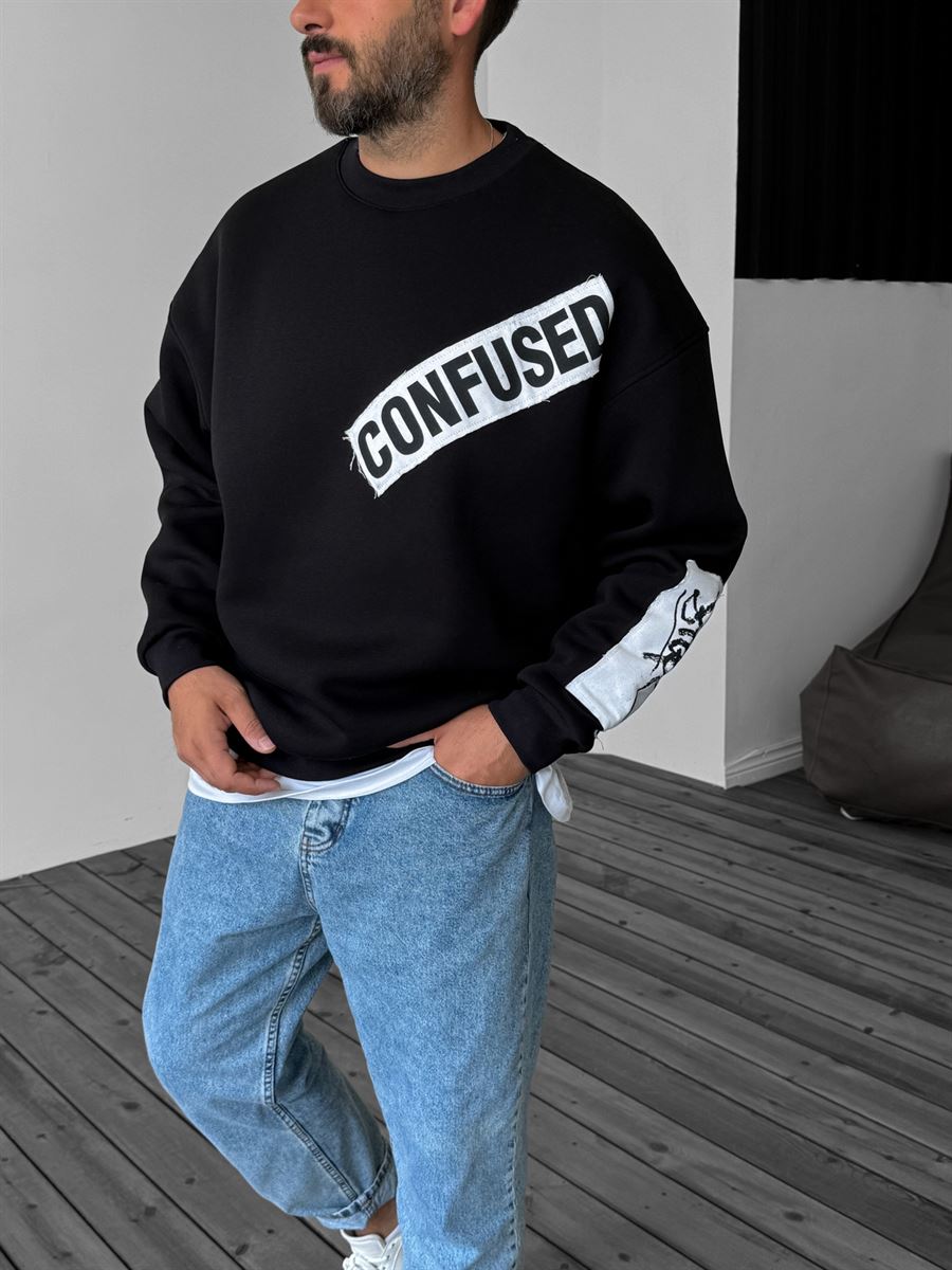 Siyah Confused Patchli Sweatshirt JJ-1162