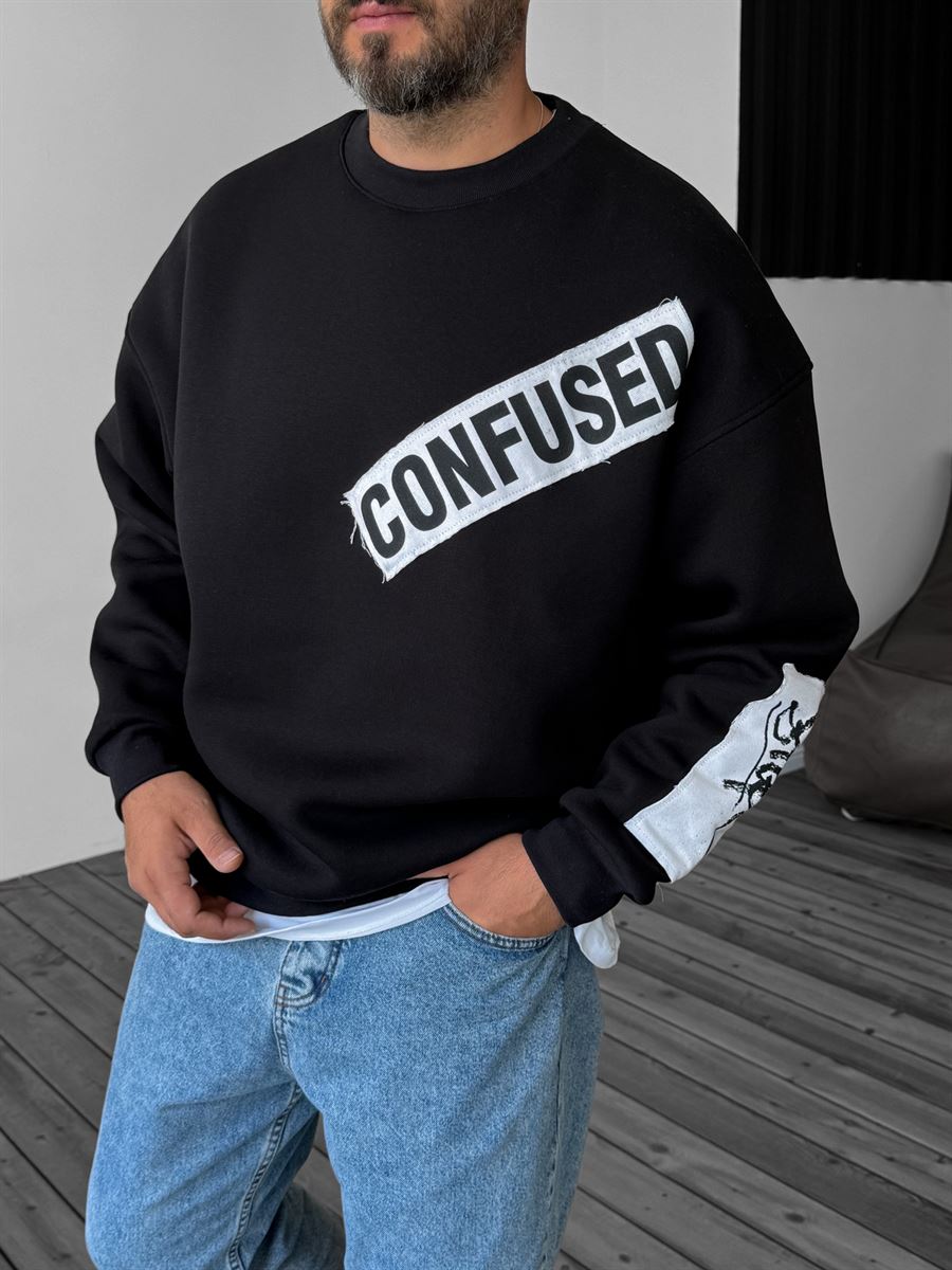 Siyah Confused Patchli Sweatshirt JJ-1162