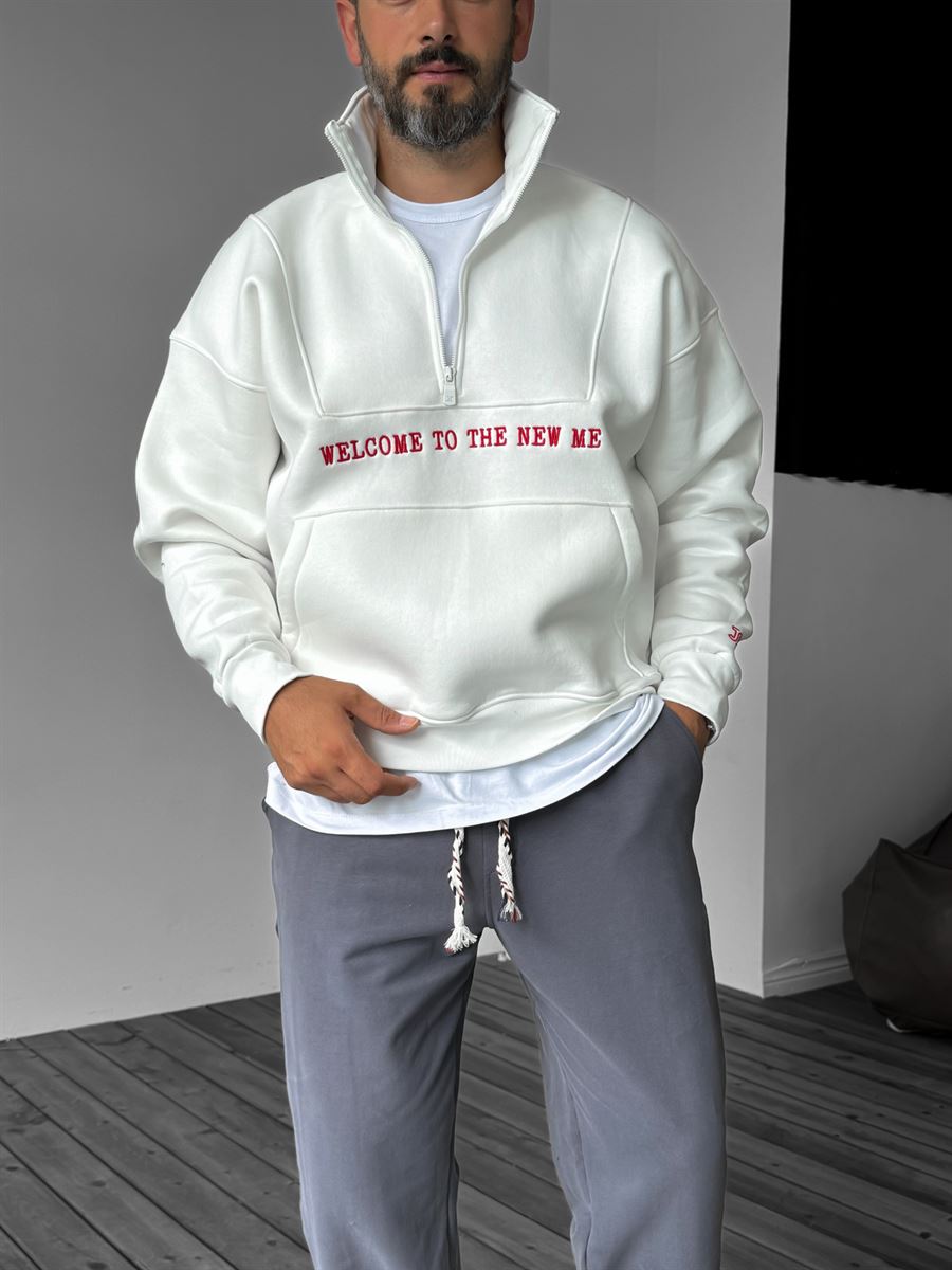 Beyaz Yarım Fermuarlı New Me Sweatshirt JJ-21