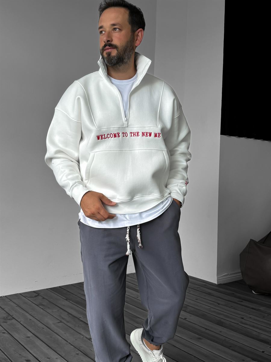 Beyaz Yarım Fermuarlı New Me Sweatshirt JJ-21