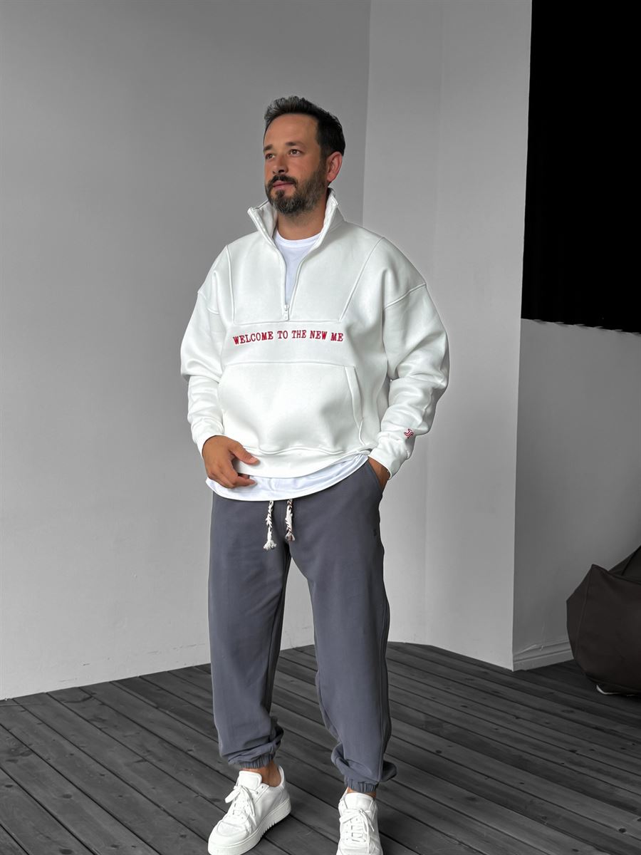 Beyaz Yarım Fermuarlı New Me Sweatshirt JJ-21