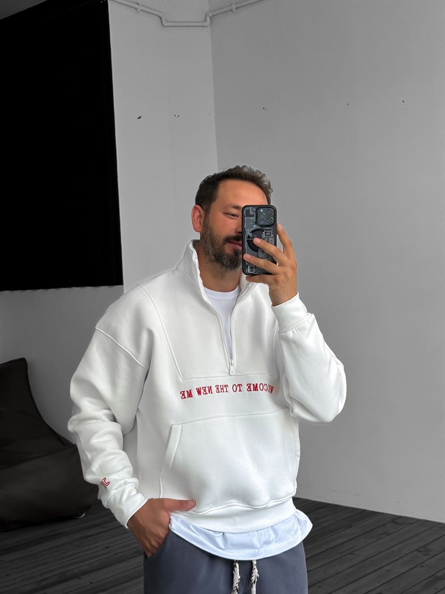 Beyaz Yarım Fermuarlı New Me Sweatshirt JJ-21