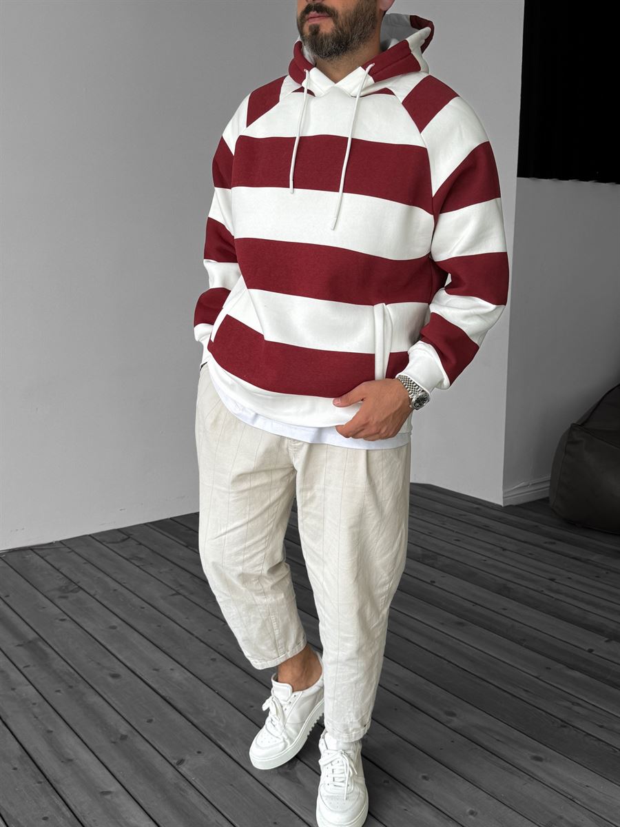 Bordo Parçalı Kapüşonlu Sweatshirt YP-3039