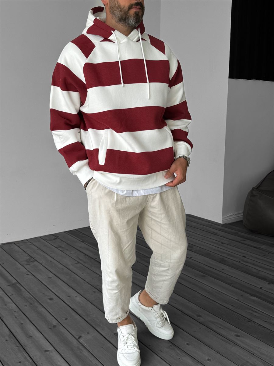 Bordo Parçalı Kapüşonlu Sweatshirt YP-3039