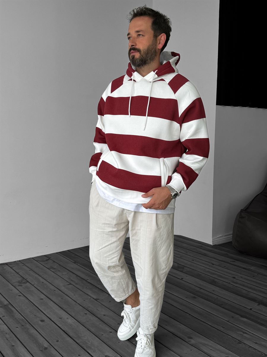 Bordo Parçalı Kapüşonlu Sweatshirt YP-3039