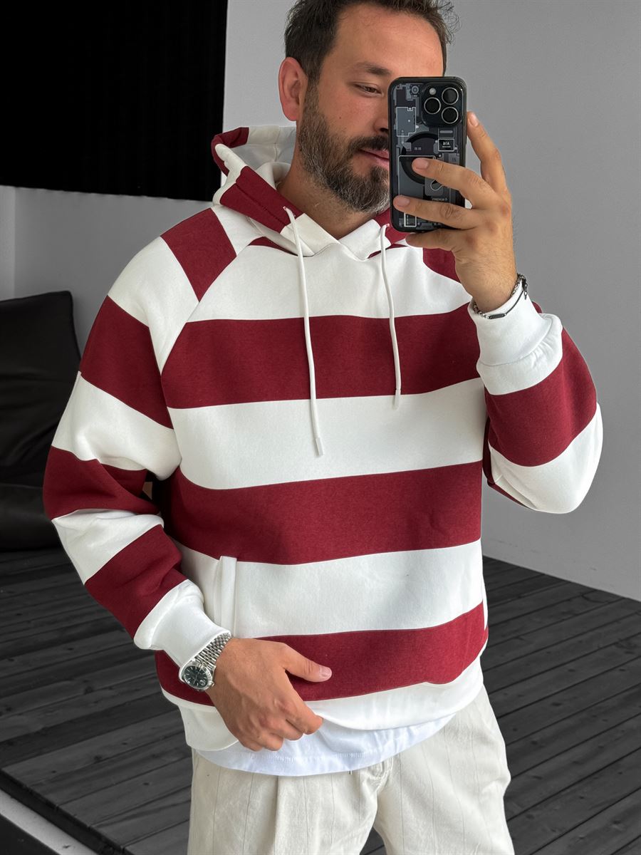 Bordo Parçalı Kapüşonlu Sweatshirt YP-3039