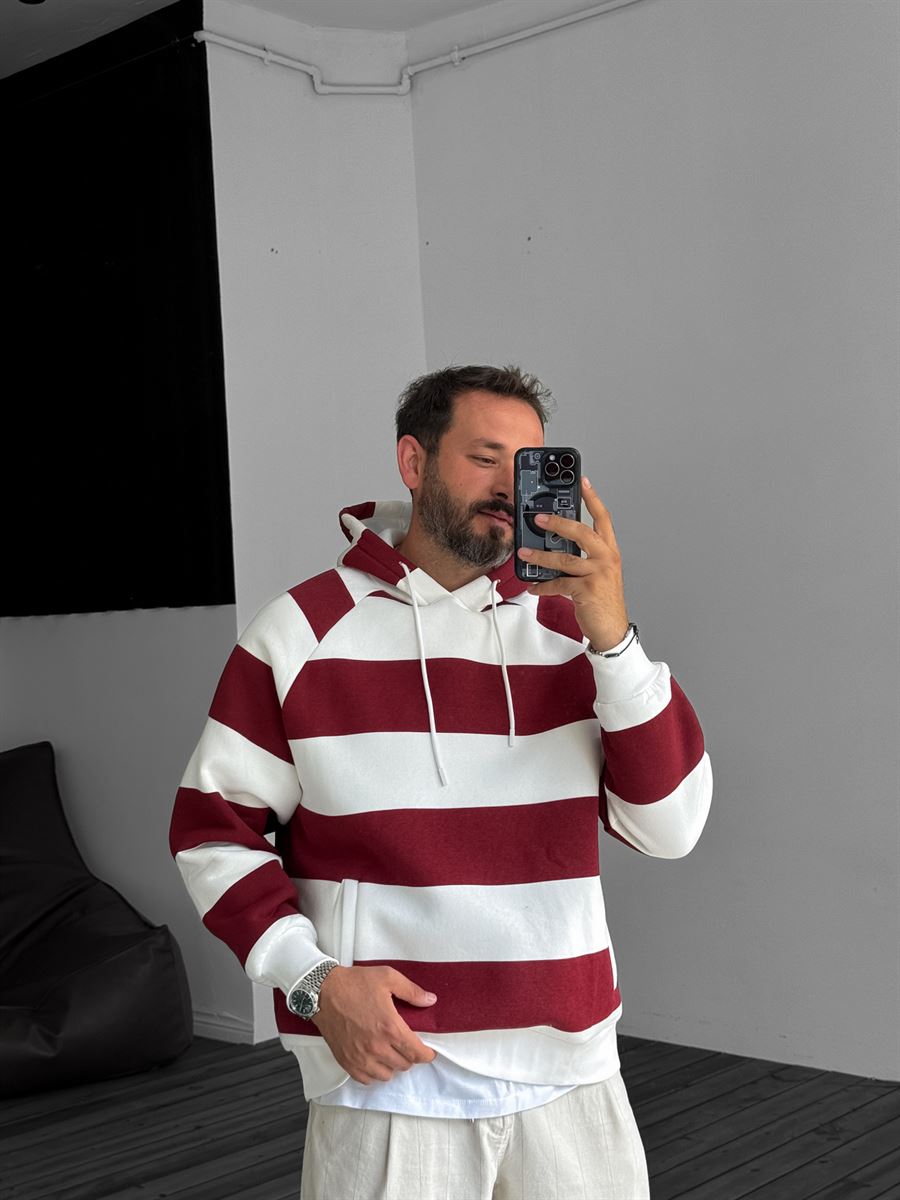 Bordo Parçalı Kapüşonlu Sweatshirt YP-3039