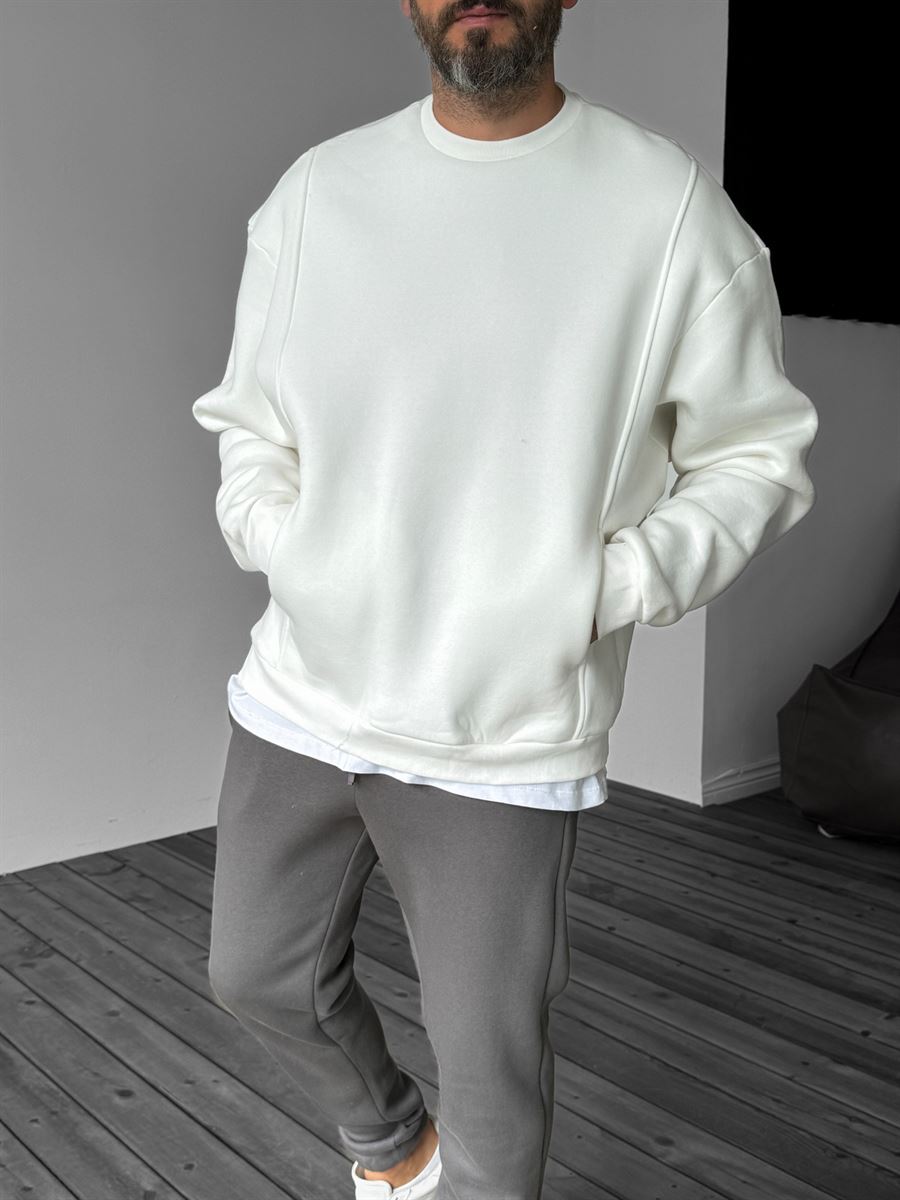 Beyaz Önü Cepli Dikişli Sweatshirt YP-4044