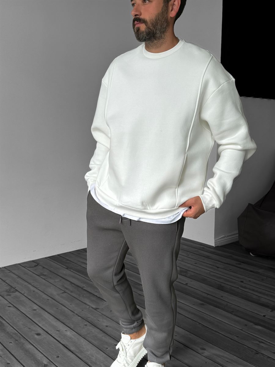 Beyaz Önü Cepli Dikişli Sweatshirt YP-4044