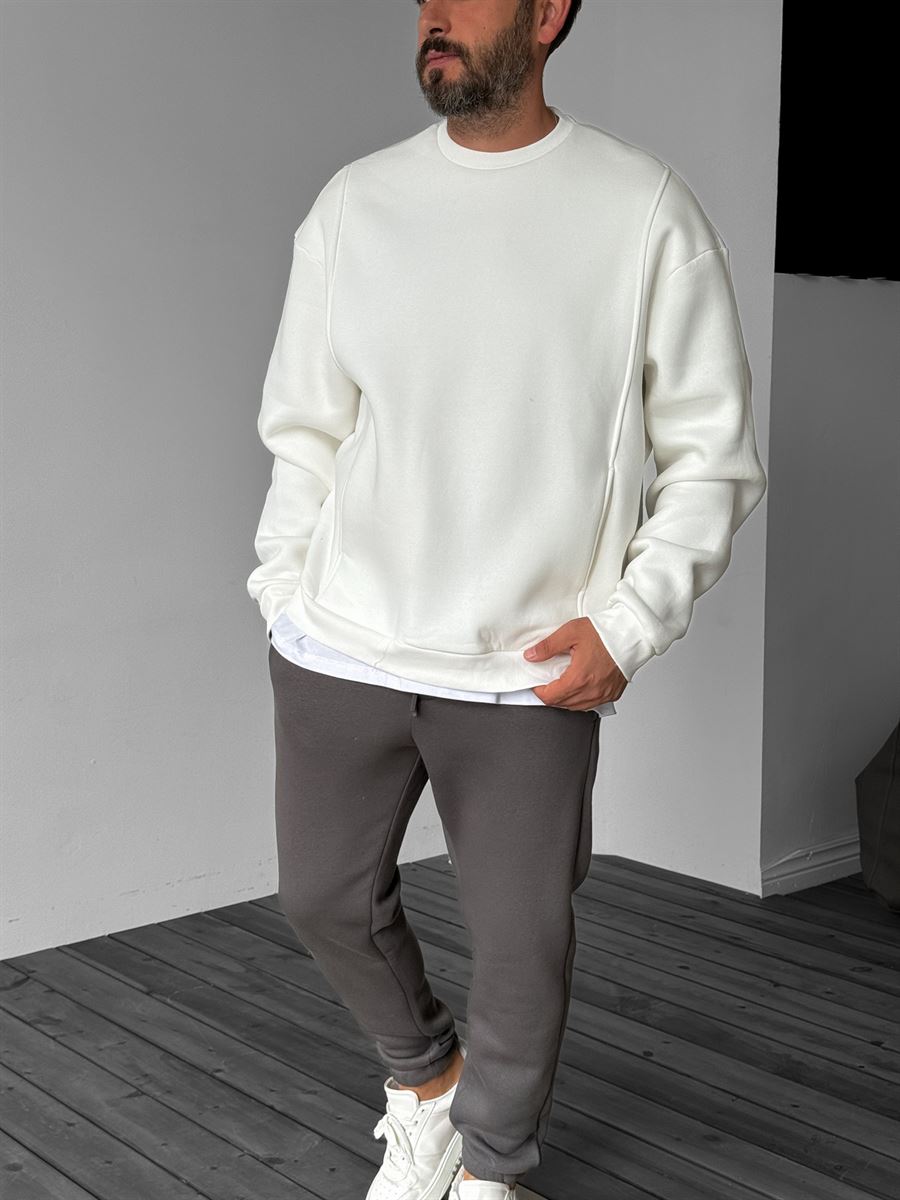 Beyaz Önü Cepli Dikişli Sweatshirt YP-4044