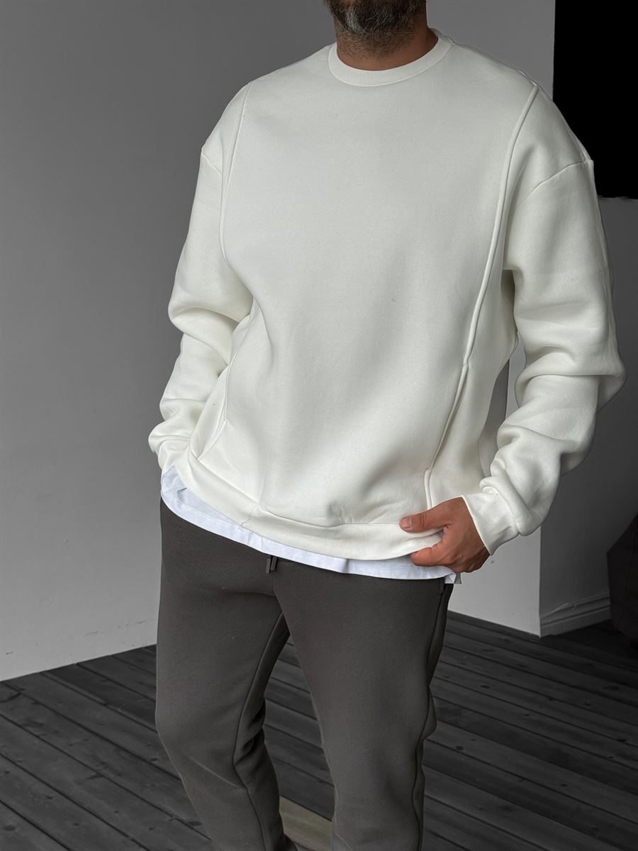 Beyaz Önü Cepli Dikişli Sweatshirt YP-4044