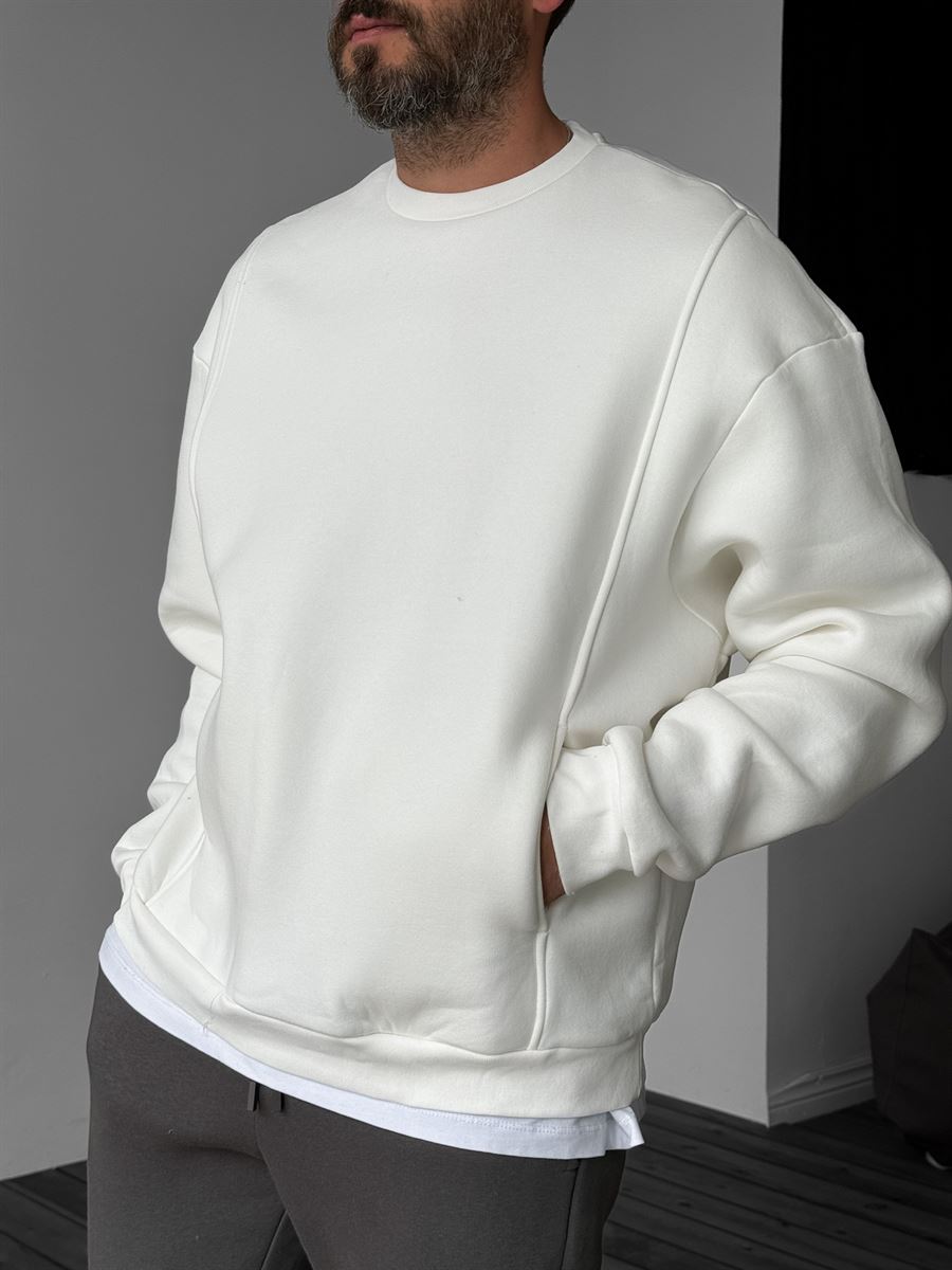 Beyaz Önü Cepli Dikişli Sweatshirt YP-4044