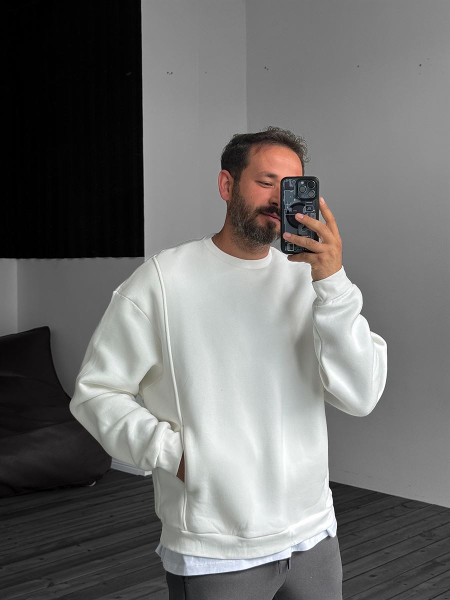 Beyaz Önü Cepli Dikişli Sweatshirt YP-4044