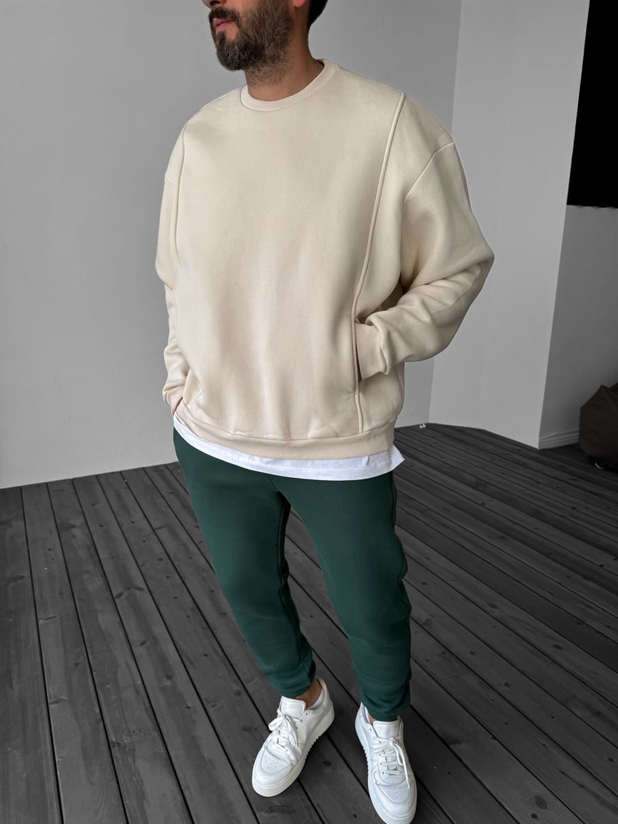 Bej Önü Cepli Dikişli Sweatshirt YP-4044