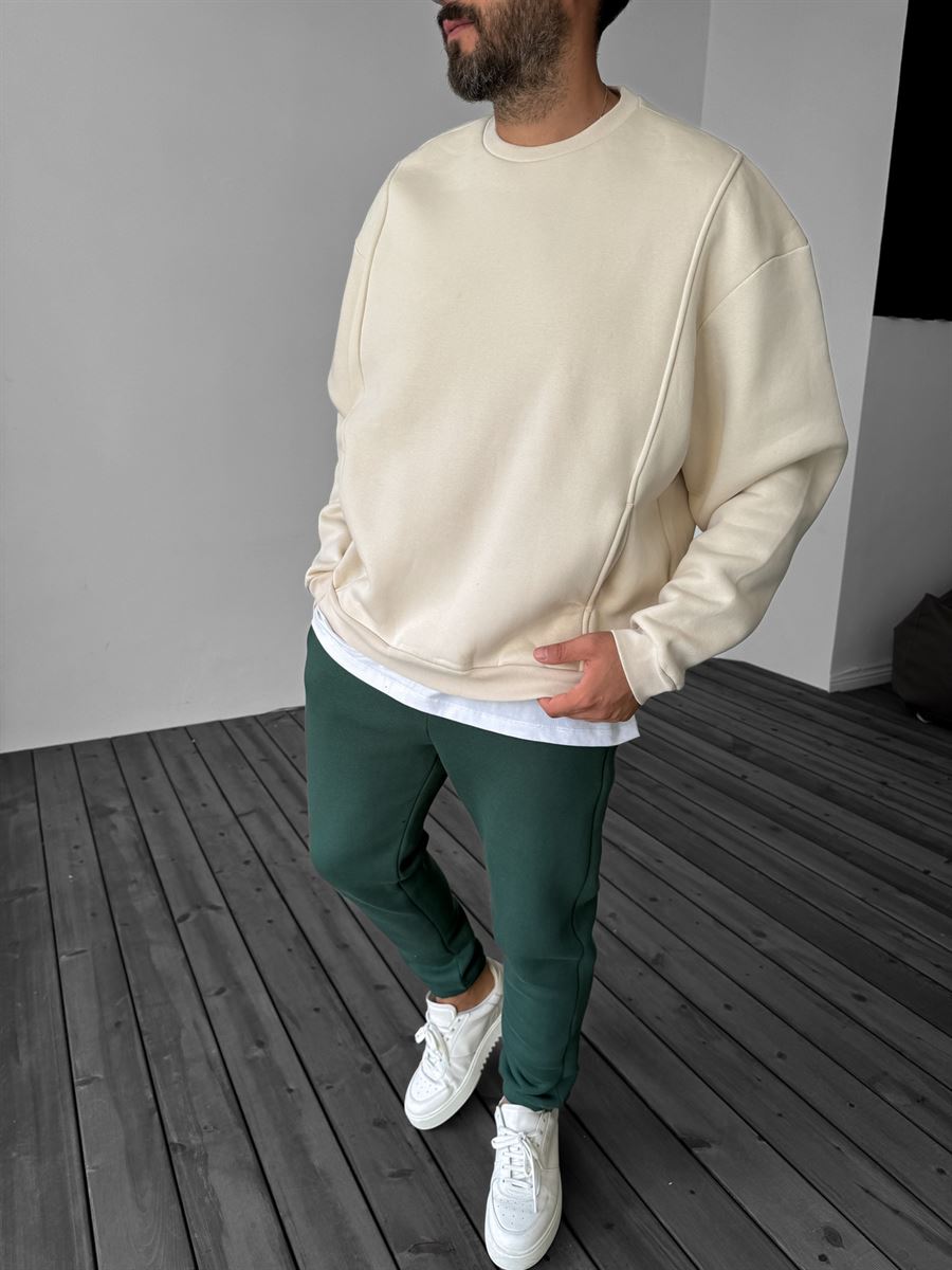 Bej Önü Cepli Dikişli Sweatshirt YP-4044