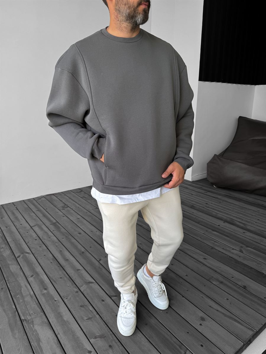 Antrasit Önü Cepli Dikişli Sweatshirt YP-4044