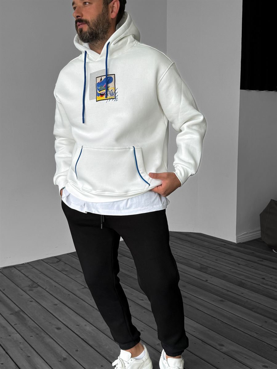 Beyaz Art Nakışlı Kapüşonlu Sweatshirt YP-3023