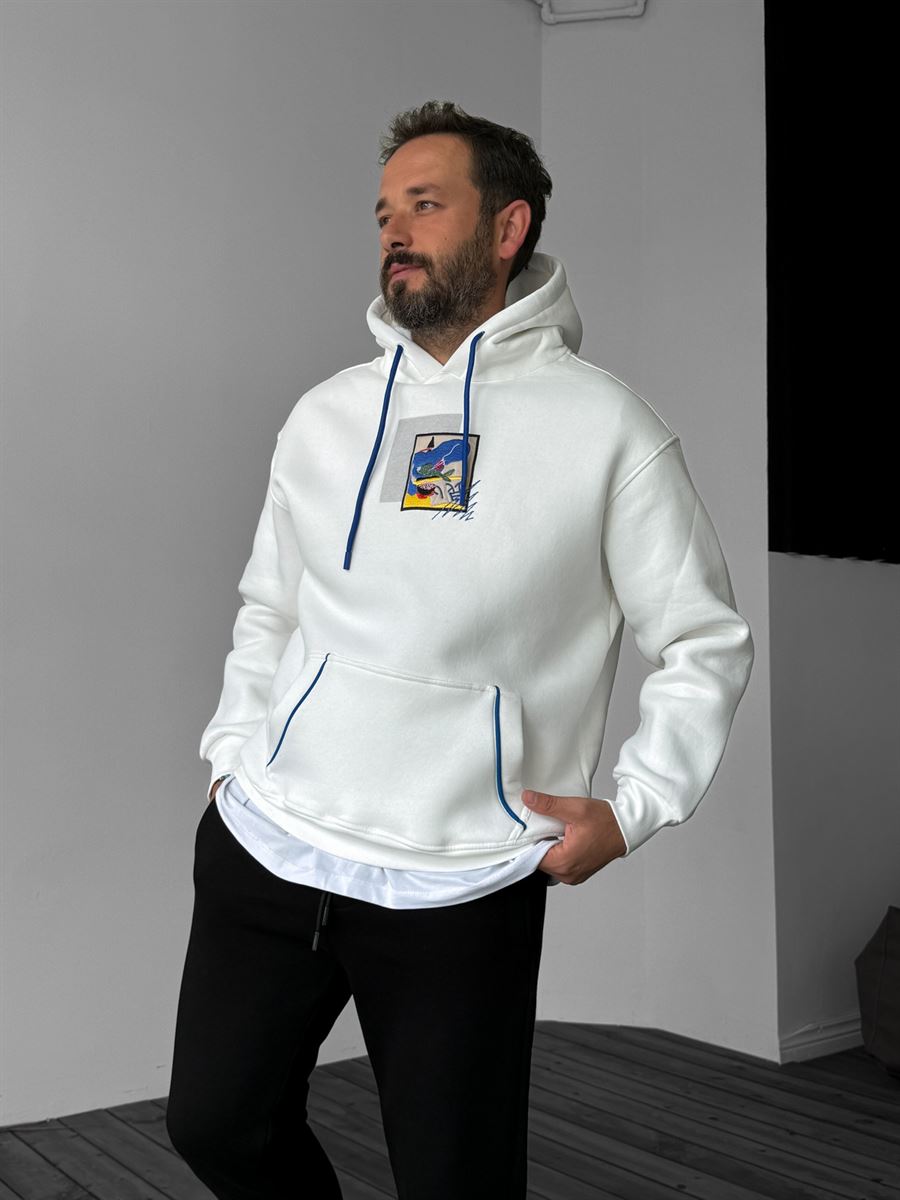 Beyaz Art Nakışlı Kapüşonlu Sweatshirt YP-3023