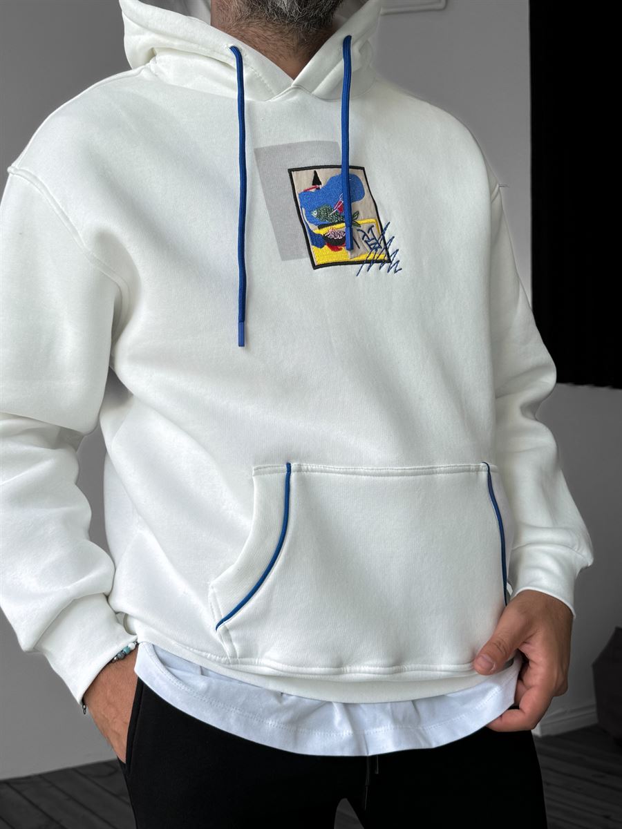 Beyaz Art Nakışlı Kapüşonlu Sweatshirt YP-3023