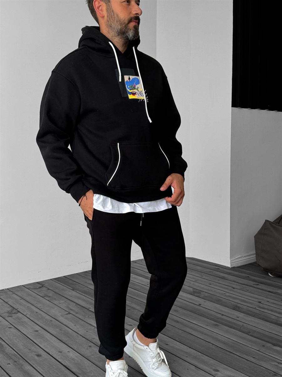 Siyah Art Nakışlı Kapüşonlu Sweatshirt YP-3023