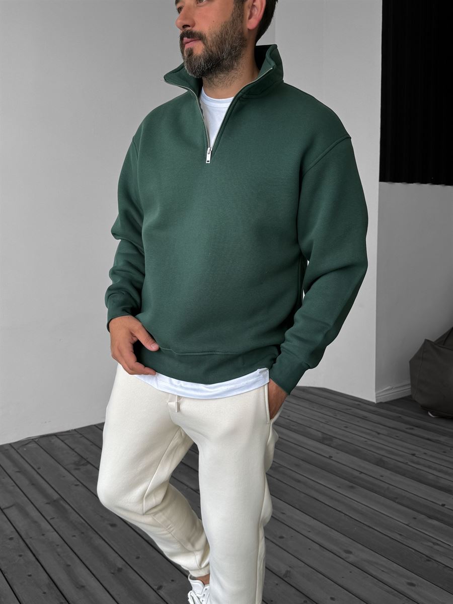 Koyu Yeşil Basic Yarım Fermuarlı Sweatshirt YP-4043