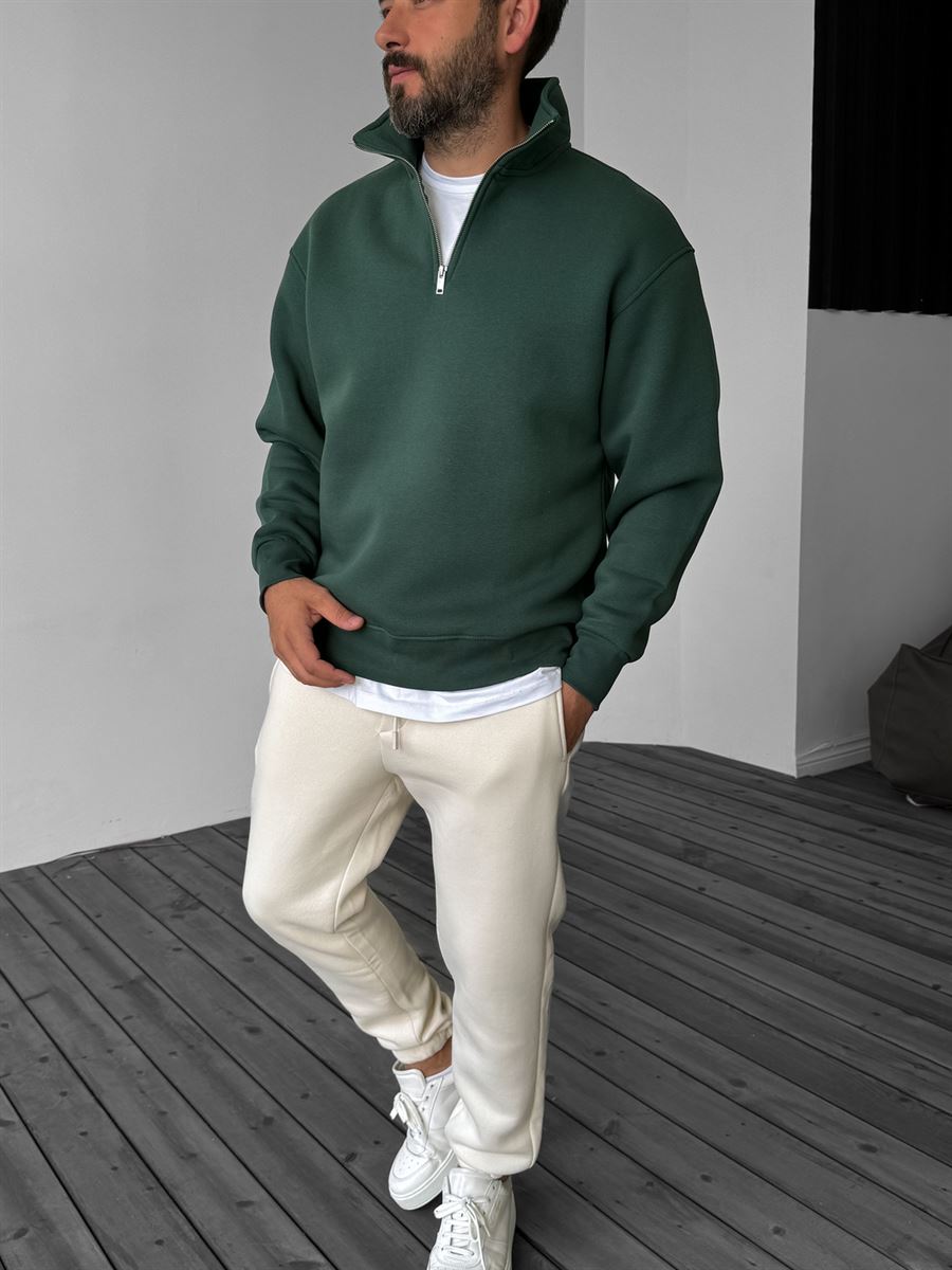 Koyu Yeşil Basic Yarım Fermuarlı Sweatshirt YP-4043