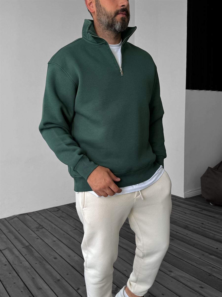 Koyu Yeşil Basic Yarım Fermuarlı Sweatshirt YP-4043