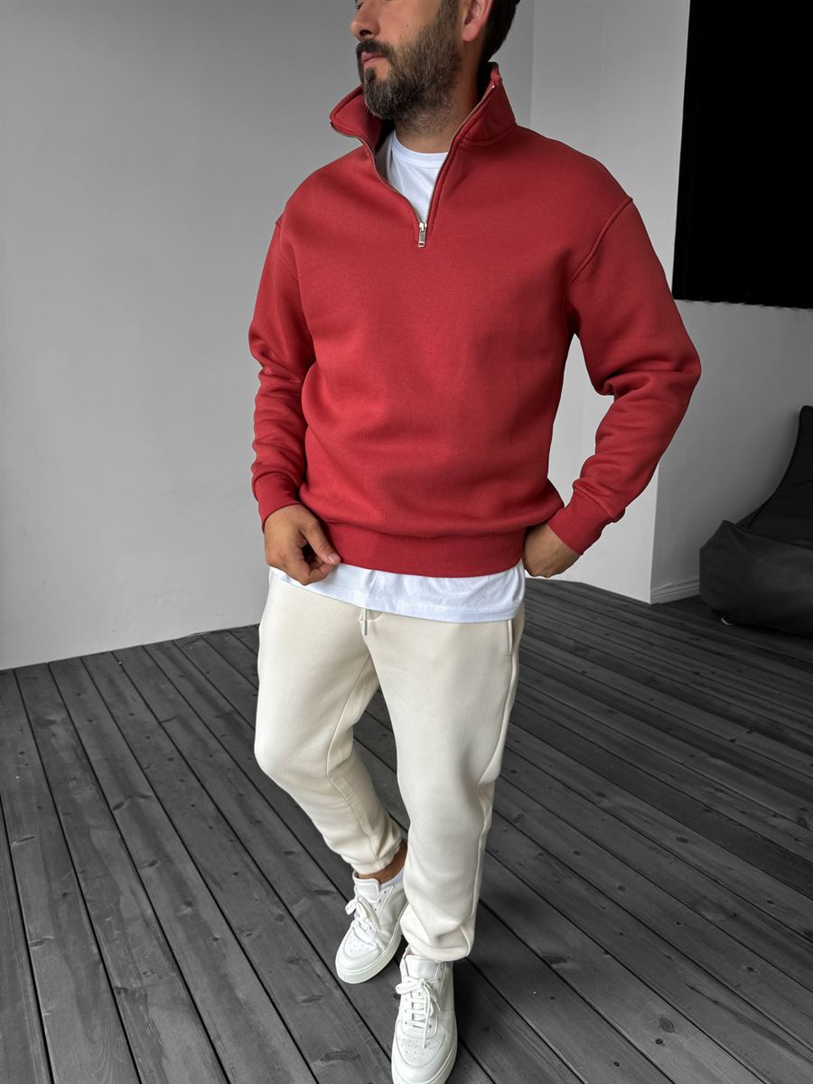 Kiremit Basic Yarım Fermuarlı Sweatshirt YP-4043