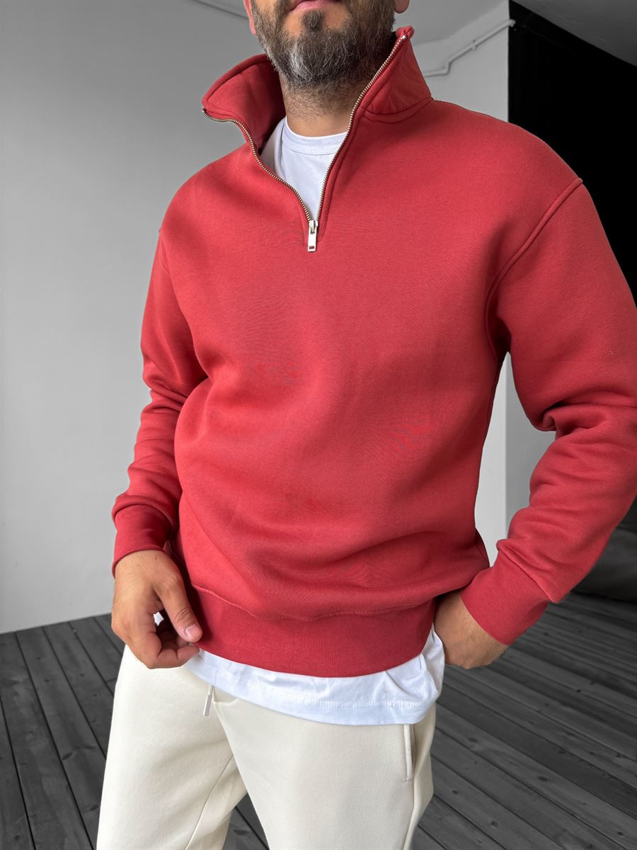 Kiremit Basic Yarım Fermuarlı Sweatshirt YP-4043