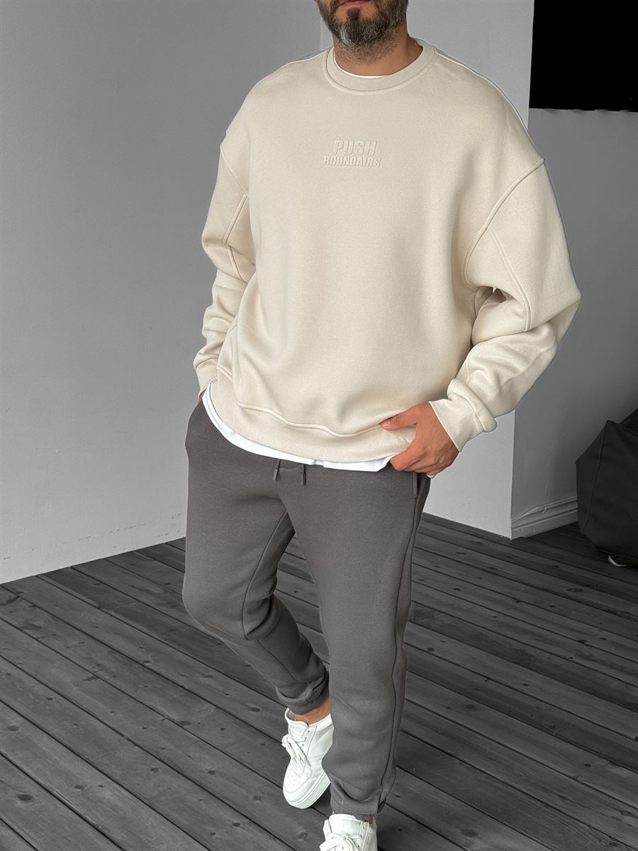 Bej Push Kabartmalı Sweatshirt YP-4095