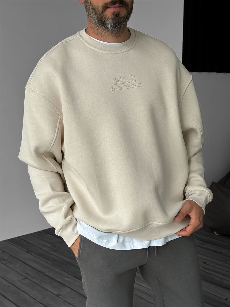 Bej Push Kabartmalı Sweatshirt YP-4095