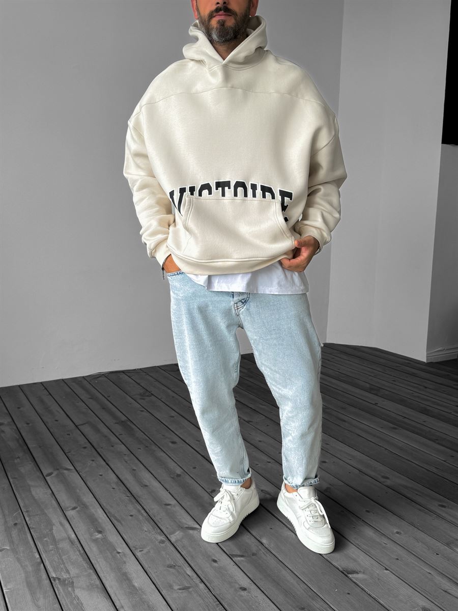 Bej Victoire Baskılı Kapüşonlu Sweatshirt YP-4041