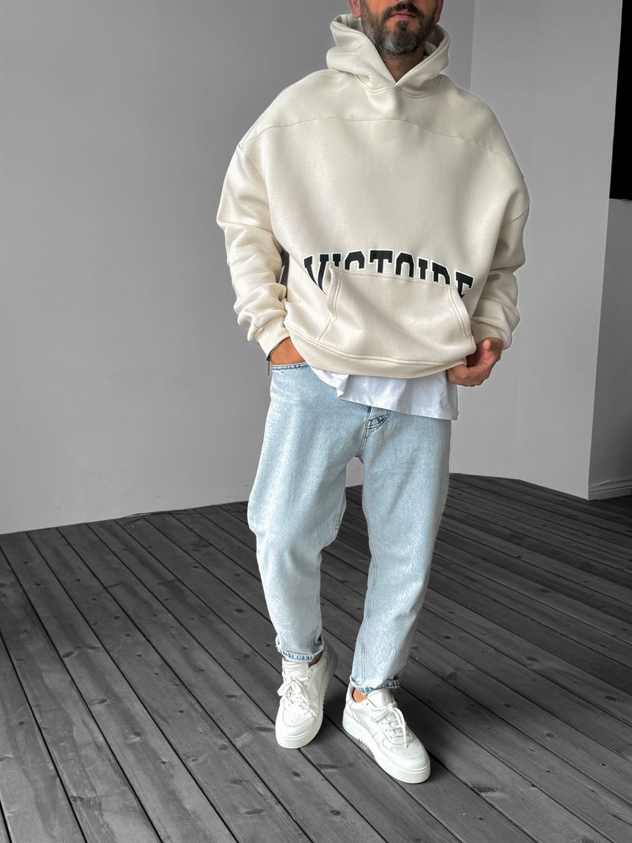 Bej Victoire Baskılı Kapüşonlu Sweatshirt YP-4041