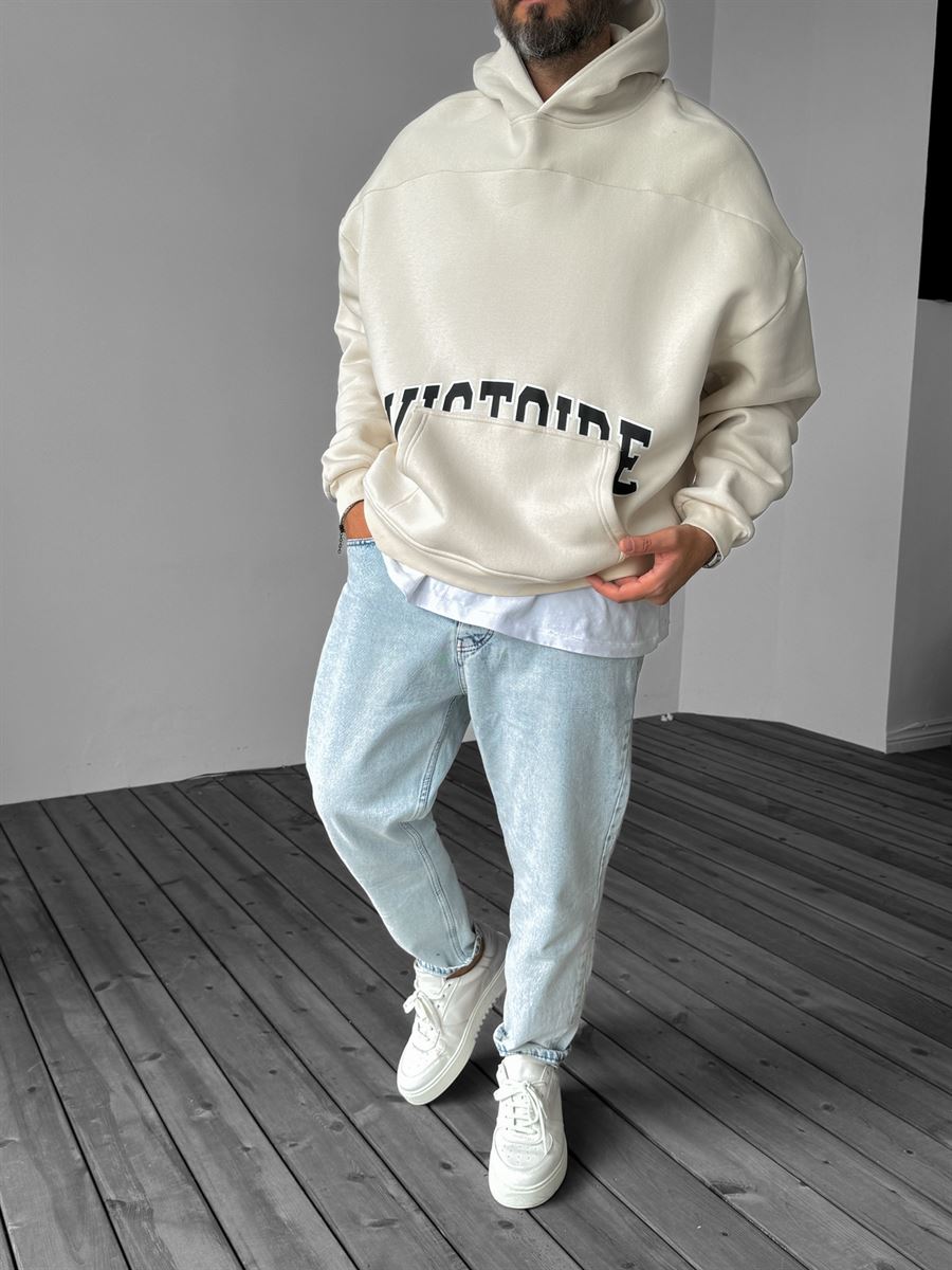 Bej Victoire Baskılı Kapüşonlu Sweatshirt YP-4041