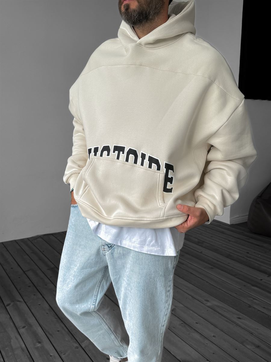 Bej Victoire Baskılı Kapüşonlu Sweatshirt YP-4041